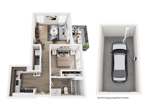 Floor plan for 1 bed, 1 bath, 614 sqft